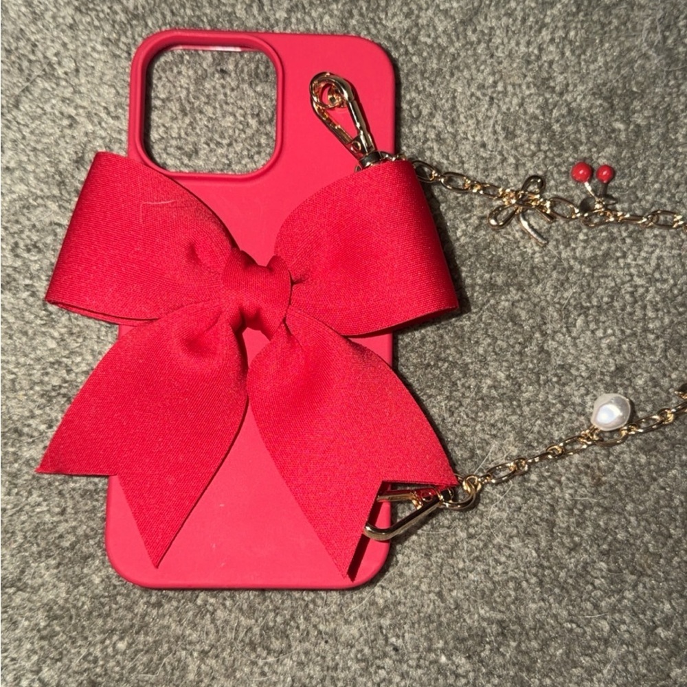 Red Bow Phone Case with Gold Chain Strap